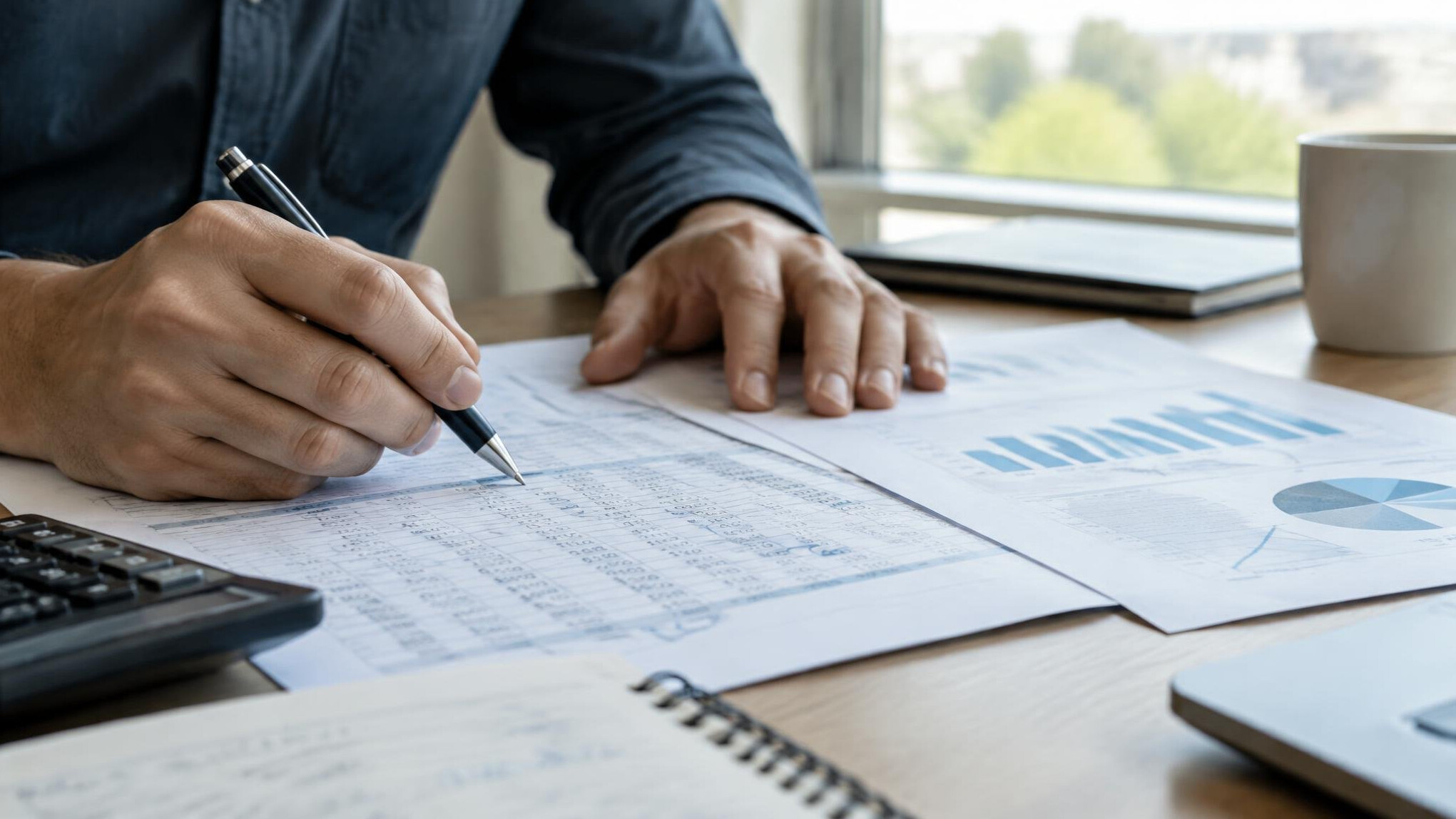 Close-up of hands annotating printed financial documents