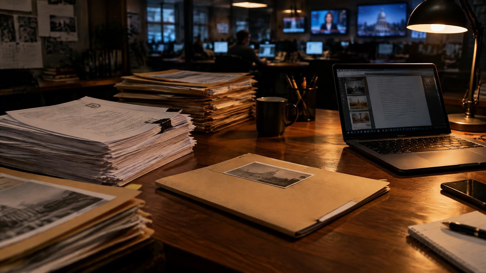 Journalist reviewing printed documents and files at a desk