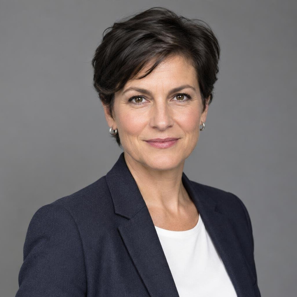 Studio portrait of a Swiss woman journalist in her forties